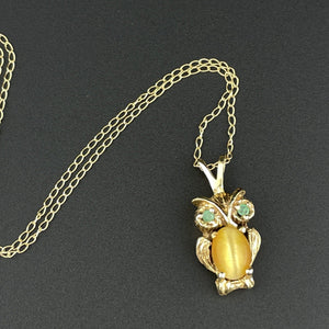 Vintage 14K Gold Emerald Golden Quartz Owl Pendant Necklace - Boylerpf