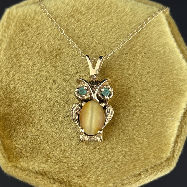 Vintage 14K Gold Emerald Golden Quartz Owl Pendant Necklace - Boylerpf
