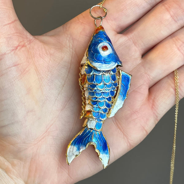 Vintage Articulated Blue Enamel Large Fish Pendant Necklace - Boylerpf