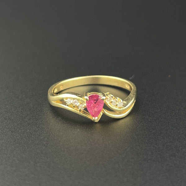 Vintage 14K Gold Diamond Ruby Pear Solitaire Ring, Sz 6.5 - Boylerpf