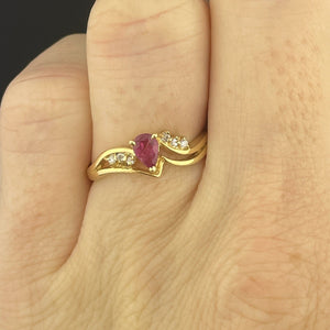 Vintage 14K Gold Diamond Ruby Pear Solitaire Ring, Sz 6.5 - Boylerpf