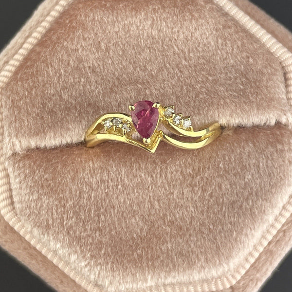 Vintage 14K Gold Diamond Ruby Pear Solitaire Ring, Sz 6.5 - Boylerpf