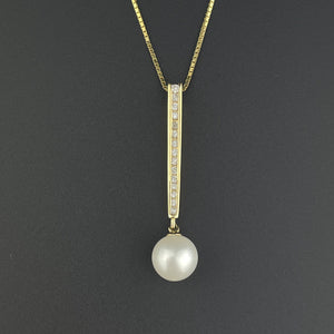 Vintage 14K Gold Diamond Pearl Bar Pendant Necklace - Boylerpf