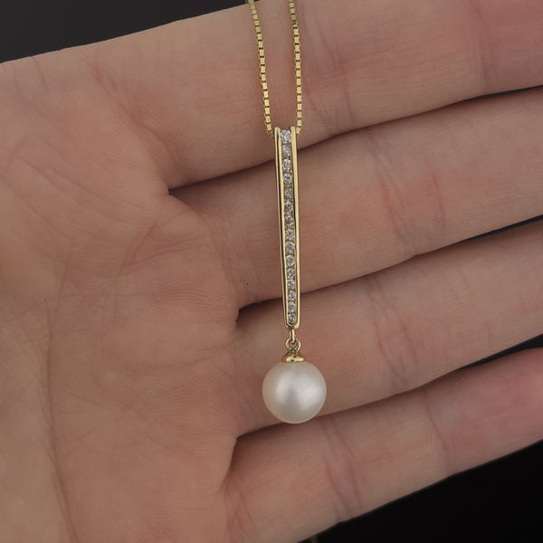 Vintage 14K Gold Diamond Pearl Bar Pendant Necklace - Boylerpf