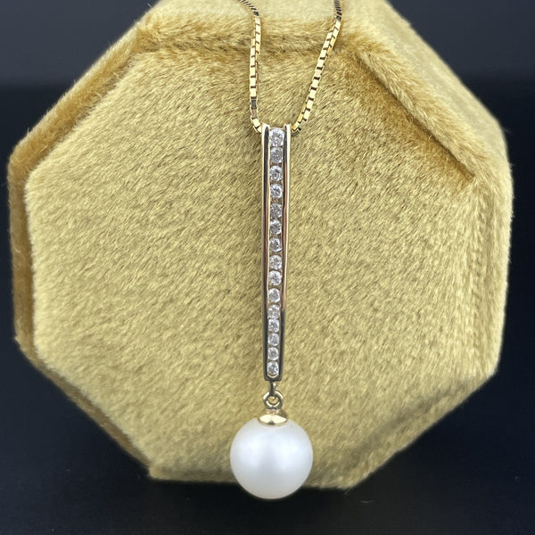 Vintage 14K Gold Diamond Pearl Bar Pendant Necklace - Boylerpf