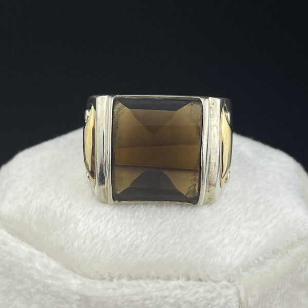 Vintage Silver 18K Gold Smoky Quartz Cocktail Ring, Sz 6 3/4 - Boylerpf