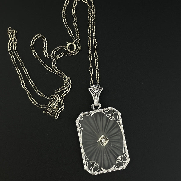 Antique Art Deco 14K White Gold Camphor Glass Diamond Rock Crystal Necklace - Boylerpf