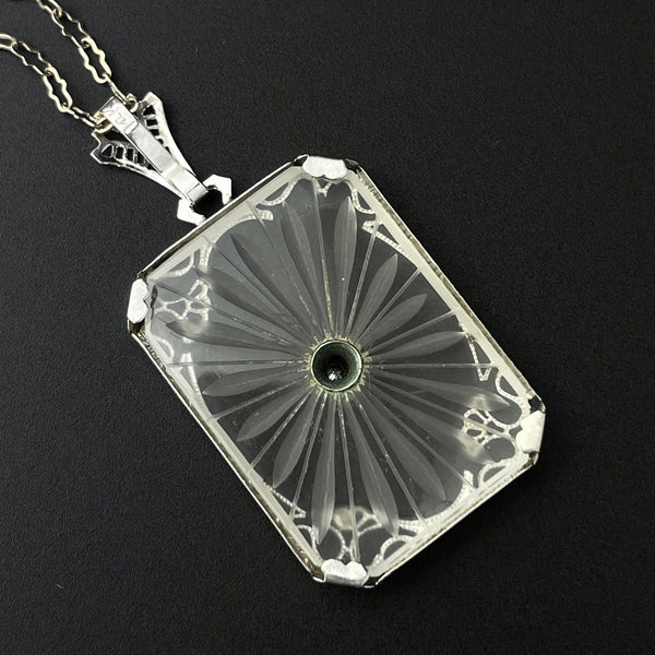 Antique Art Deco 14K White Gold Camphor Glass Diamond Rock Crystal Necklace - Boylerpf