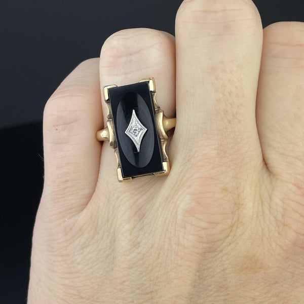 Vintage Art Deco Diamond Black Onyx Ring, Sz 5.5 - Boylerpf