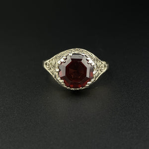 Garnet 14K White Gold Filigree Edwardian Ring, Sz 9.5 - Boylerpf