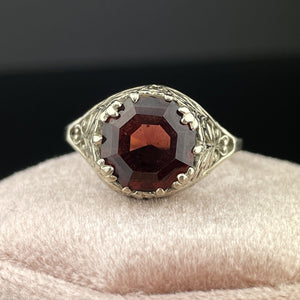 Garnet 14K White Gold Filigree Edwardian Ring, Sz 9.5 - Boylerpf