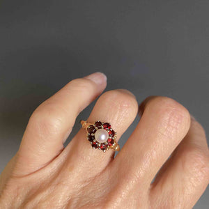 Vintage 14K Gold Pearl Garnet Halo Ring, Sz 7.5 - Boylerpf