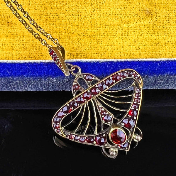 Antique Bohemian Garnet Fan Pendant Necklace - Boylerpf