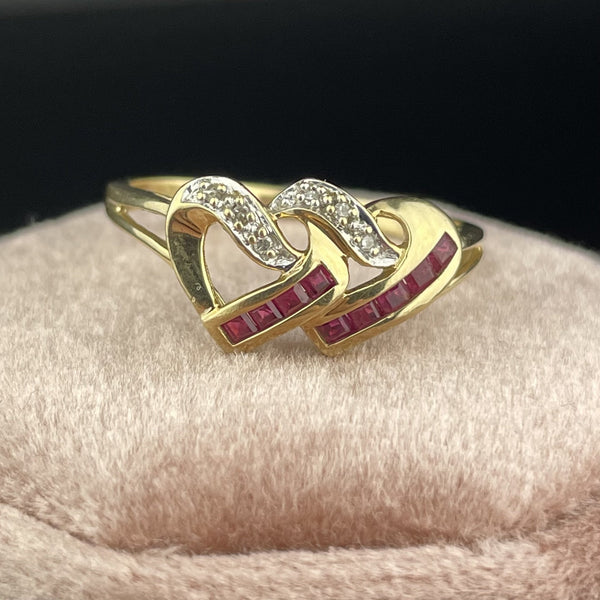 Vintage 10K Gold Channel Set Diamond Ruby Heart Ring, Sz 8 - Boylerpf