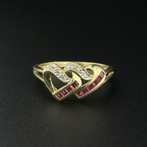 Vintage 10K Gold Channel Set Diamond Ruby Heart Ring, Sz 8 - Boylerpf