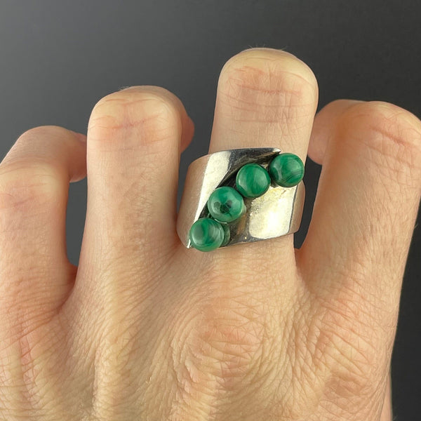 Vintage Wide Silver Malachite Band Ring - Boylerpf