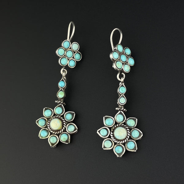 Vintage Sterling Silver Turquoise Flower Drop Earrings - Boylerpf