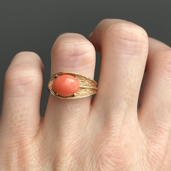 Vintage 14K Gold Coral Solitaire Buckle Ring - Boylerpf