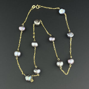Vintage 14K Figaro Gold Gray Pearl Tincup Necklace - Boylerpf