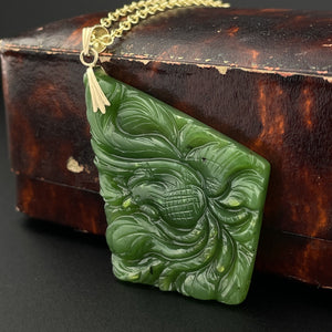 Vintage 14K Gold Large Carved Bird Nephrite Jade Pendant - Boylerpf