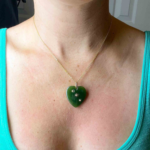 Antique Seed Pearl Jade Heart Pendant Necklace - Boylerpf