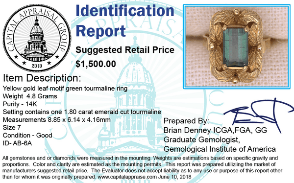 Gold Leaf Emerald Cut Tourmaline Ring w Appraisal - Boylerpf
