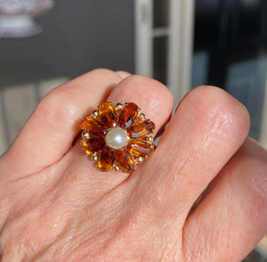 Retro Citrine Pearl 14K Gold Daisy Ring, Sz 7 - Boylerpf