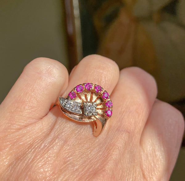 Retro Ruby Crown Diamond Ring, Hollywood Regency - Boylerpf