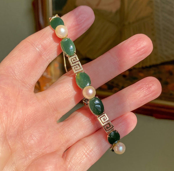 Solid 14K Gold Jade Pearl Butterfly Bracelet, Greek Key - Boylerpf