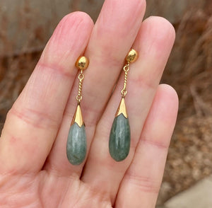 Vintage 14K Gold Pierced Jade Drop Earrings, 1 5/8 in. - Boylerpf