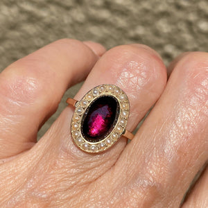 Victorian Pearl Halo Garnet Cabochon 14K Rose Gold Ring - Boylerpf