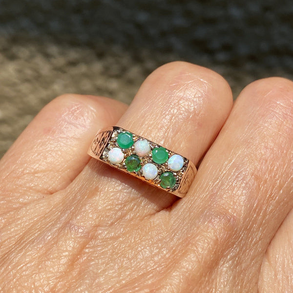 Vintage Art Deco Style Gold Opal & Emerald Band Ring, Sz 8 - Boylerpf