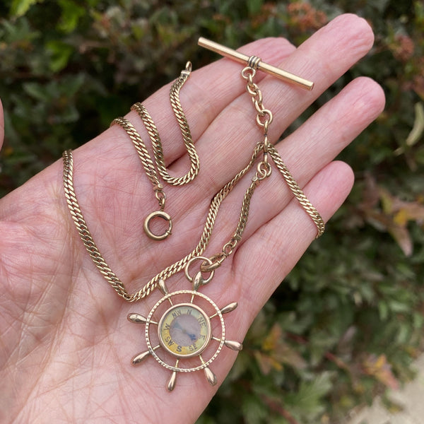 Antique Gold Ship Wheel Compass Watch Chain Necklace - Boylerpf