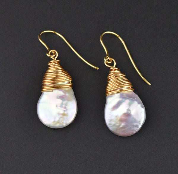 Gold Wire Wrapped Dangle Baroque Pearl Earrings - Boylerpf