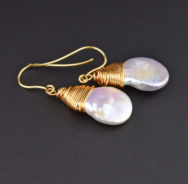 Gold Wire Wrapped Dangle Baroque Pearl Earrings - Boylerpf