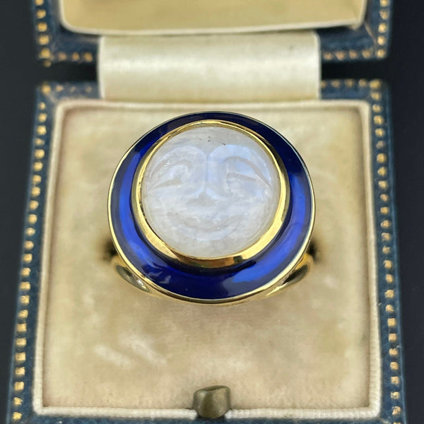 Blue Enamel Carved Moonstone Man in the Moon Ring, Sz 7 - Boylerpf