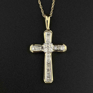 Vintage 10K Gold Baguette Diamond Cross Pendant Necklace - Boylerpf