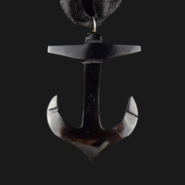 Antique Victorian Carved Whitby Jet Anchor Pendant - Boylerpf