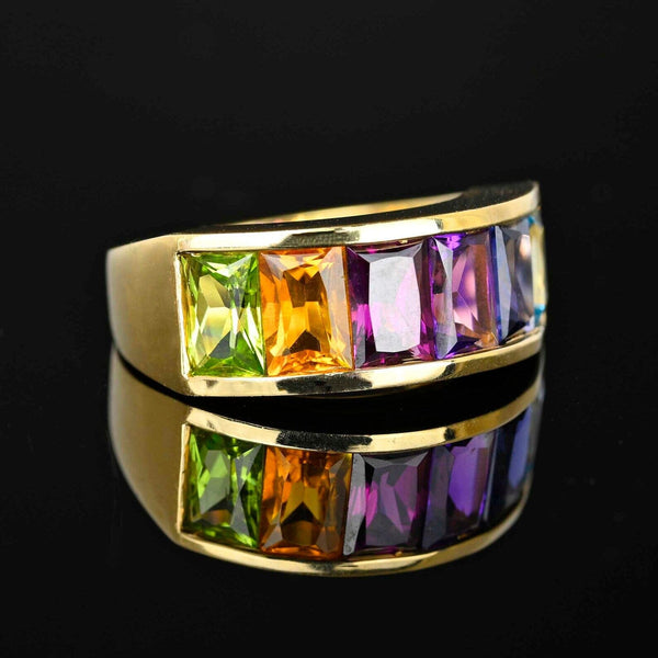 Wide 14K Gold Cushion Cut Multi Gemstone Ring - Boylerpf