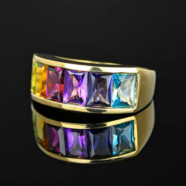 Wide 14K Gold Cushion Cut Multi Gemstone Ring - Boylerpf