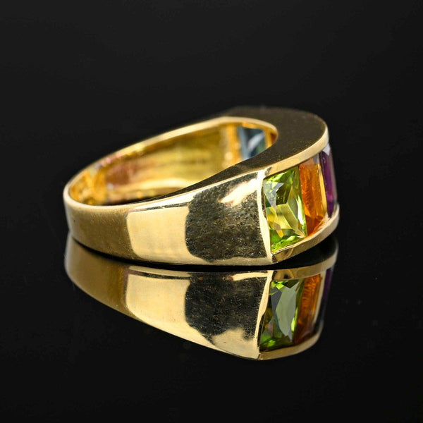 Wide 14K Gold Cushion Cut Multi Gemstone Ring - Boylerpf