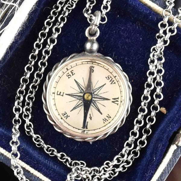 Vintage Silver Working Compass Fob Pendant Necklace - Boylerpf