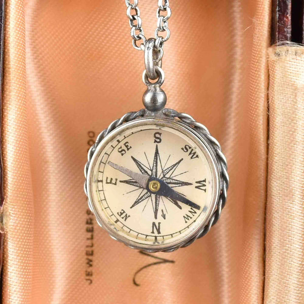 Vintage Silver Working Compass Fob Pendant Necklace - Boylerpf