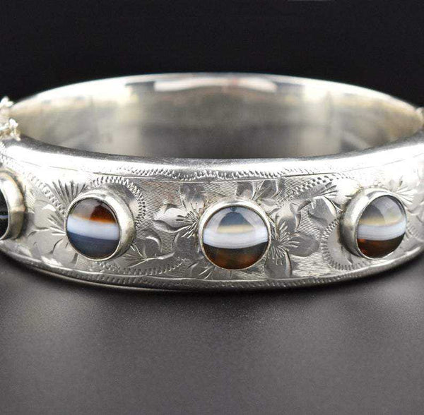 Banded Agate Vintage Engraved Silver Bracelet - Boylerpf